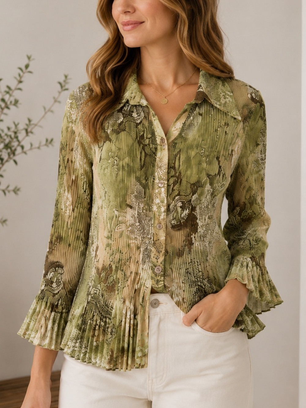 290. Sere nade Fairycore Green Floral Button-Front Women's Top
